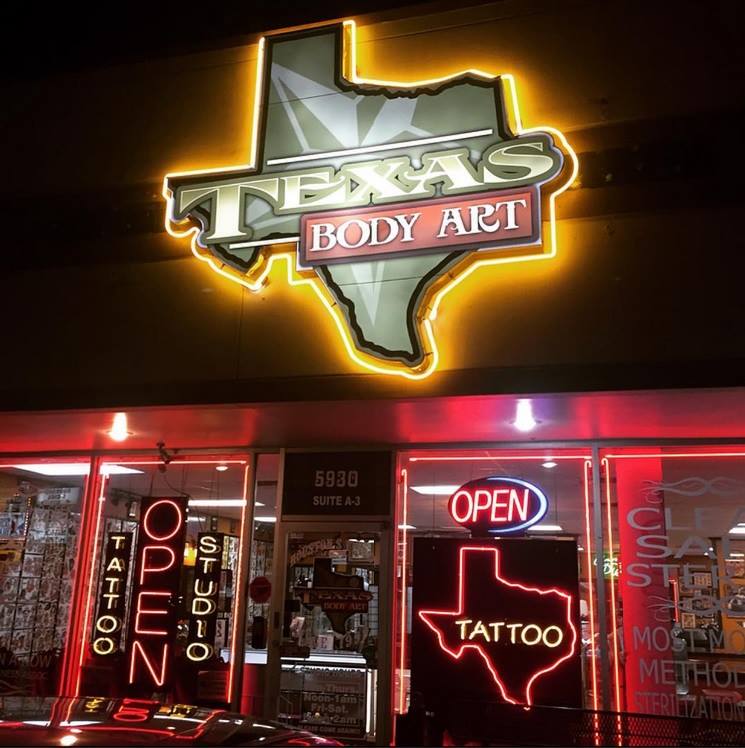 Texas Body Art neon storefront at night, Houston Texas
